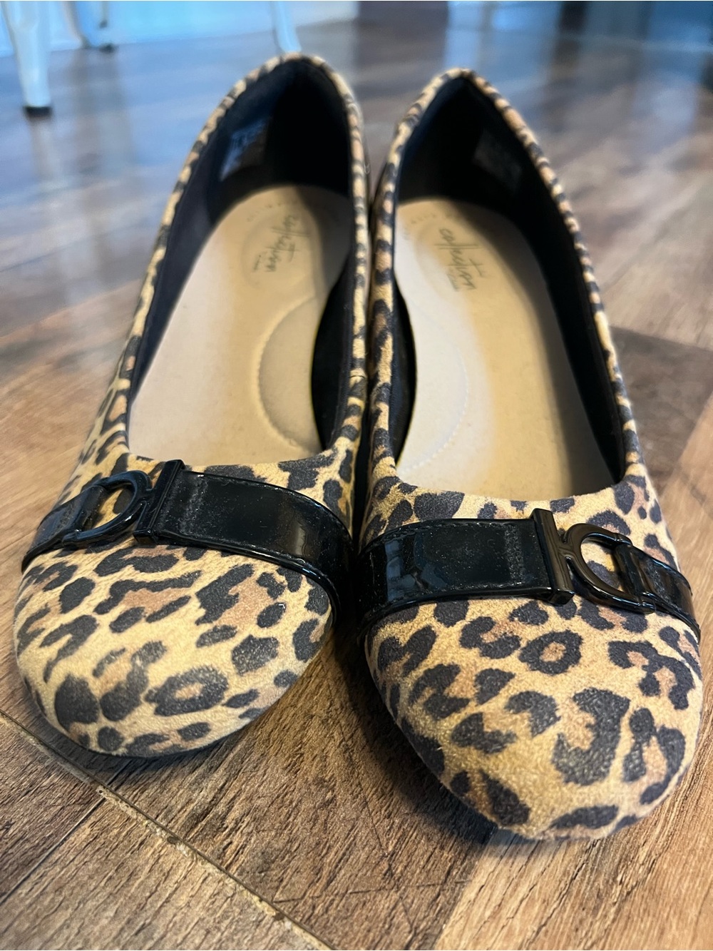 Clarks Leopard Print Ballet Flats with Black Patent Trim